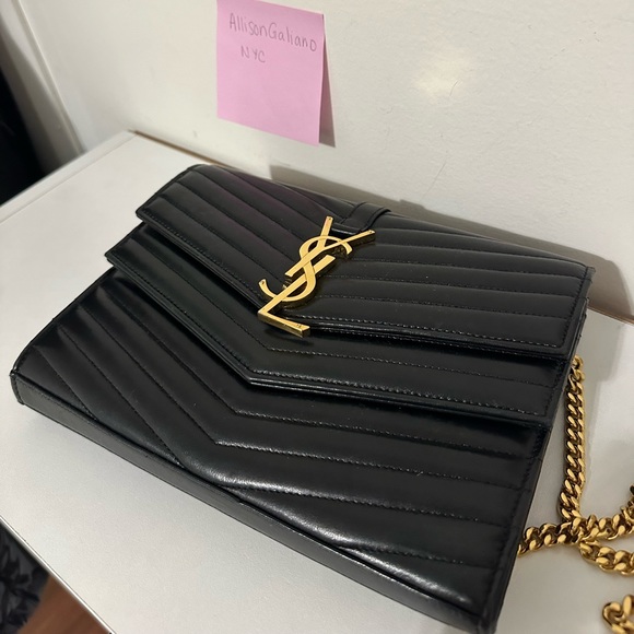 YSL Sulpice Black Quilted Double Flap Wallet on a Chain - Picture 7 of 16